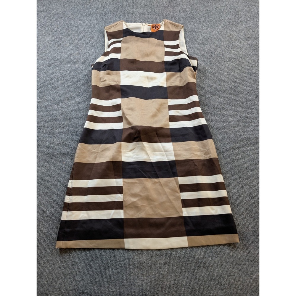 Tory Burch Women's Shift Dress Size 2 Brown Tan Black Silk Sleeveless Geometric